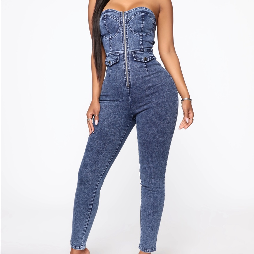 Fashion Nova Lillian Denim Jumpsuit- Dark Wash